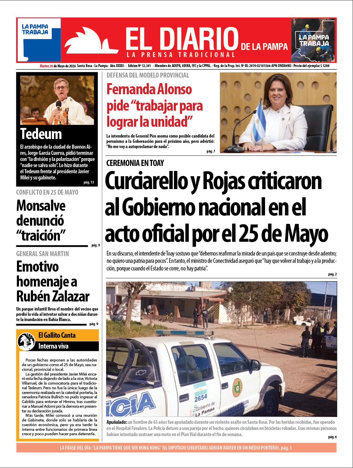 Tapa de El Diario en papel  martes 26 de mayo de 2026